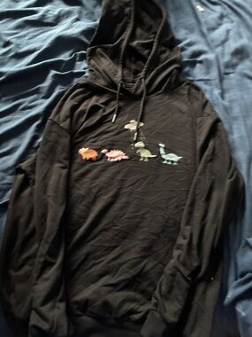 ROMWE Black Hoodie with Colorful Dino Embroidery